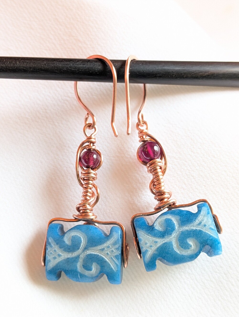 Viking Inspired Earrings Carved Vintage Glass And Garnets In Copper - Picture 10 of 16